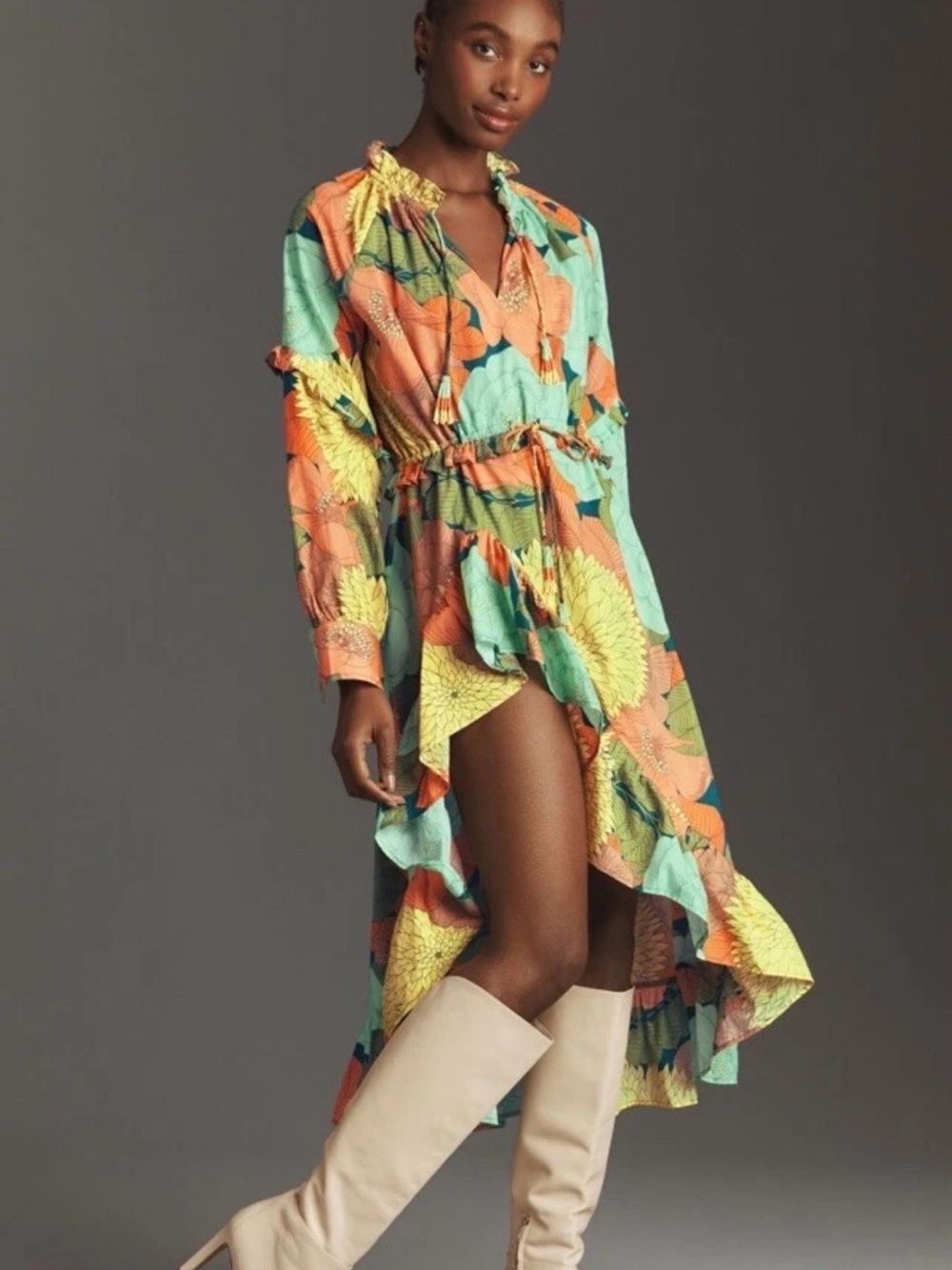 FARM Rio Floral Peasant Blouse in Teal & Peach